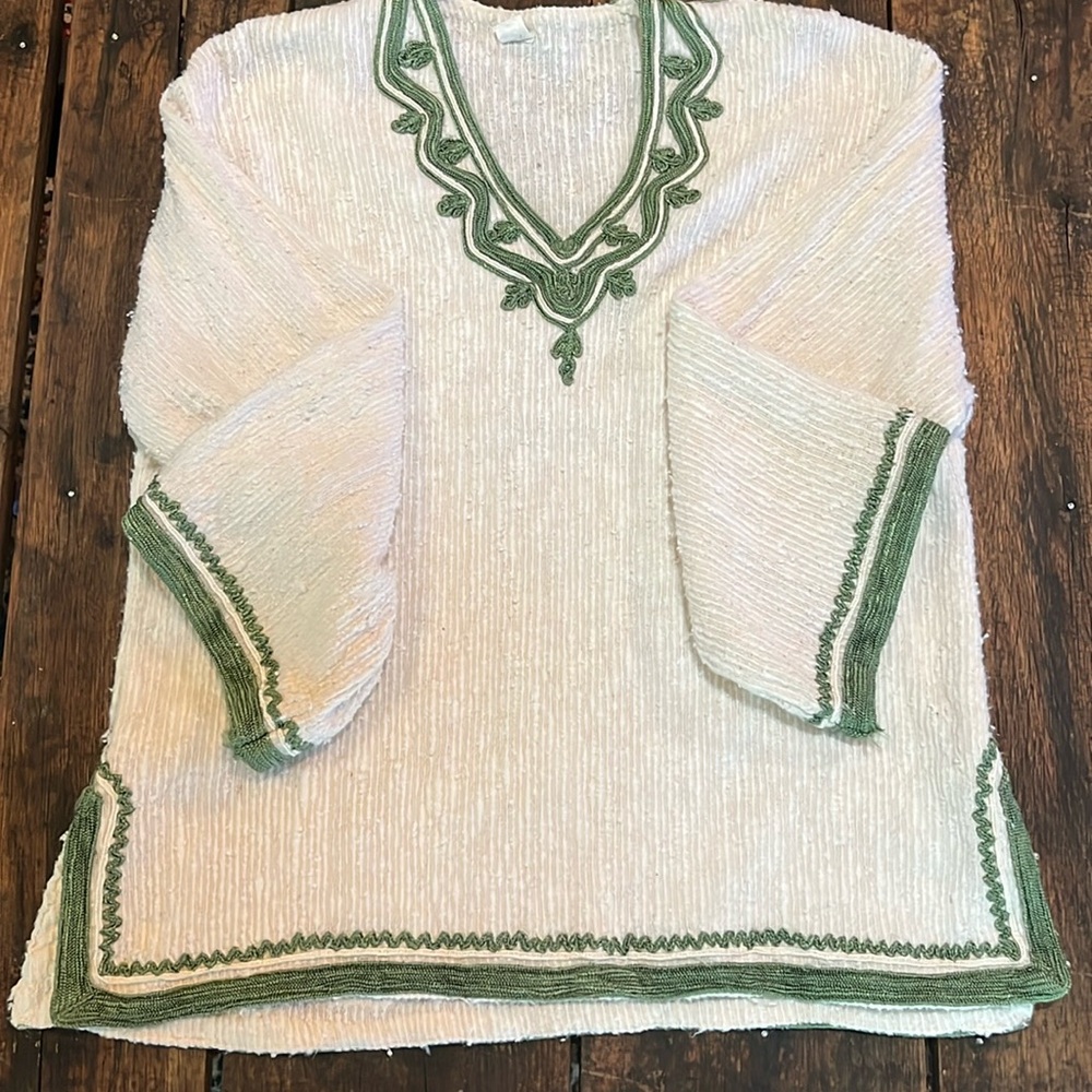 Morocco Boho Top Off White Green Vintage - Picture 6 of 9